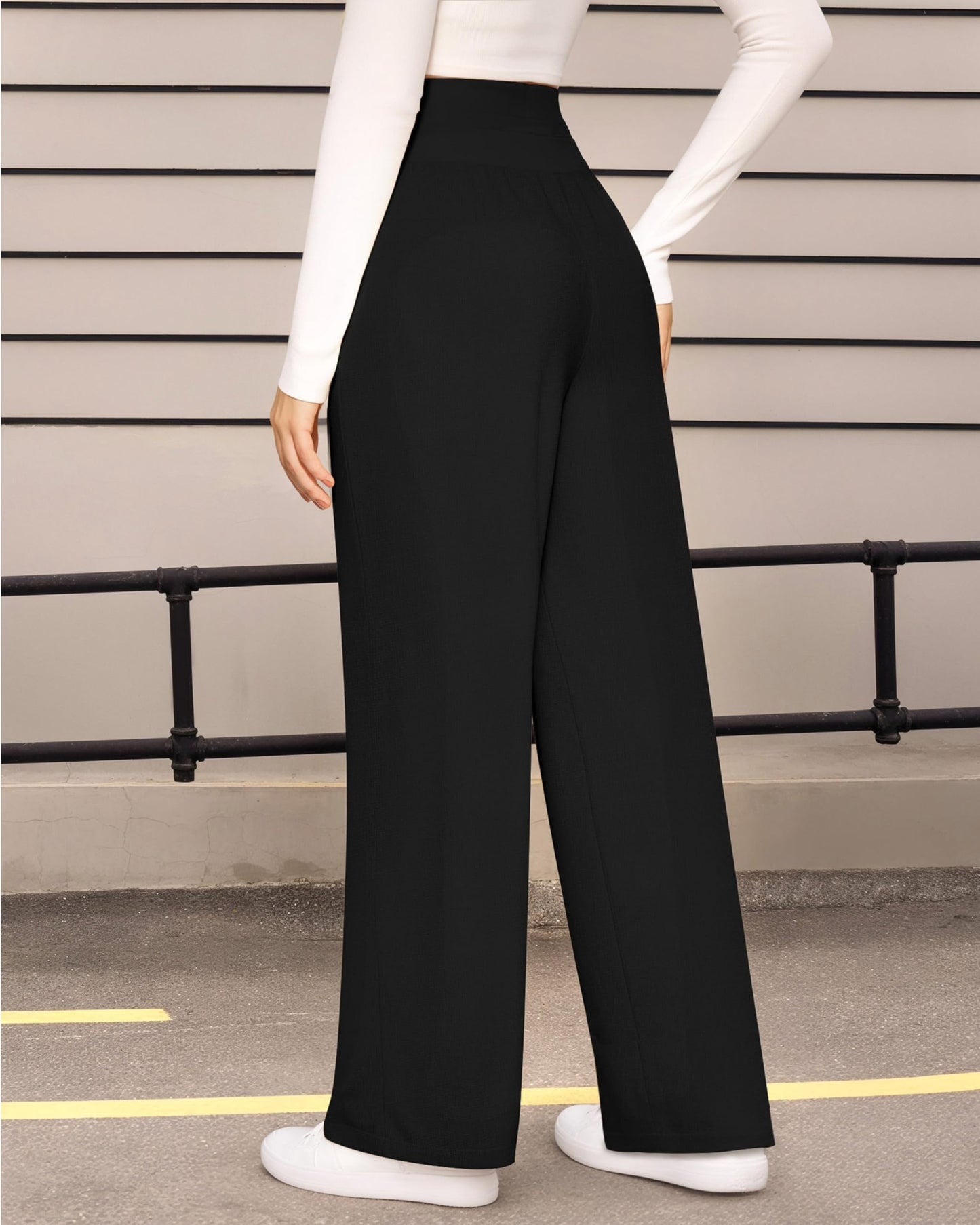 CLOZOZ Wide Leg Casual Pants for Women Trouser Pants Elastic Palazzo Pants with Adjustable Drawstring