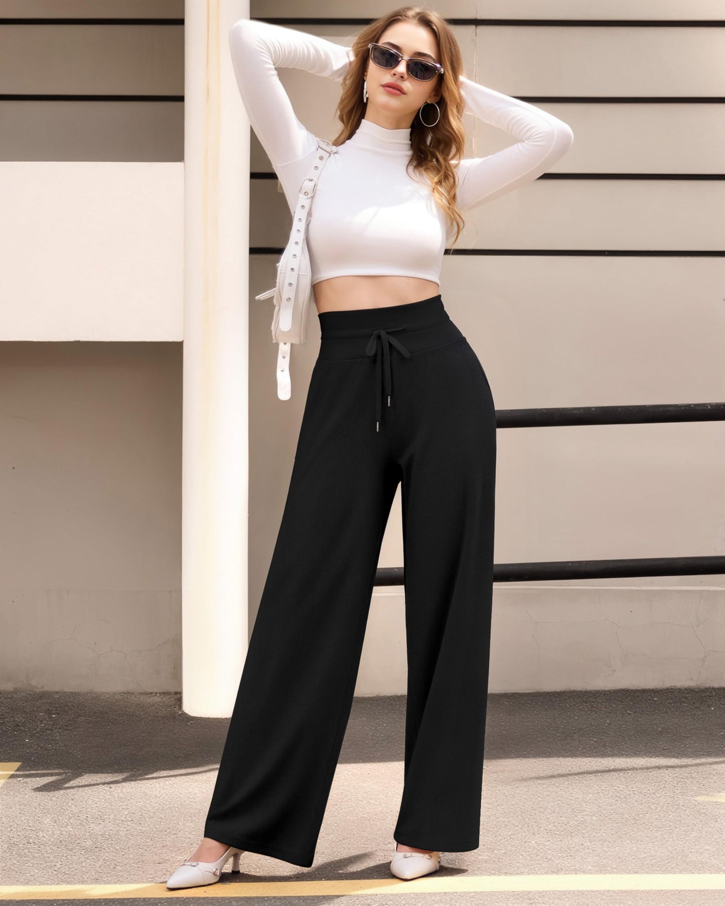 CLOZOZ Wide Leg Casual Pants for Women Trouser Pants Elastic Palazzo Pants with Adjustable Drawstring