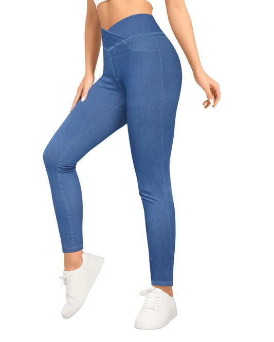 CLOZOZ Jeggings for Women High Waisted Stretchy Skinny Jeans V Cross Pull On Tummy Control Leggings with Back Pockets