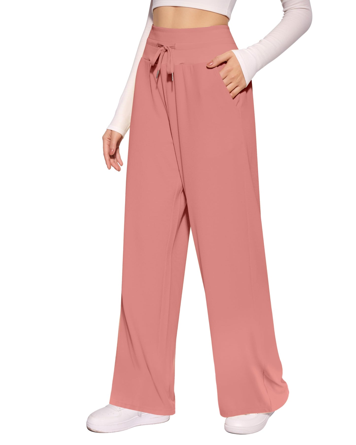 CLOZOZ Wide Leg Casual Pants for Women Trouser Pants Elastic Palazzo Pants with Adjustable Drawstring