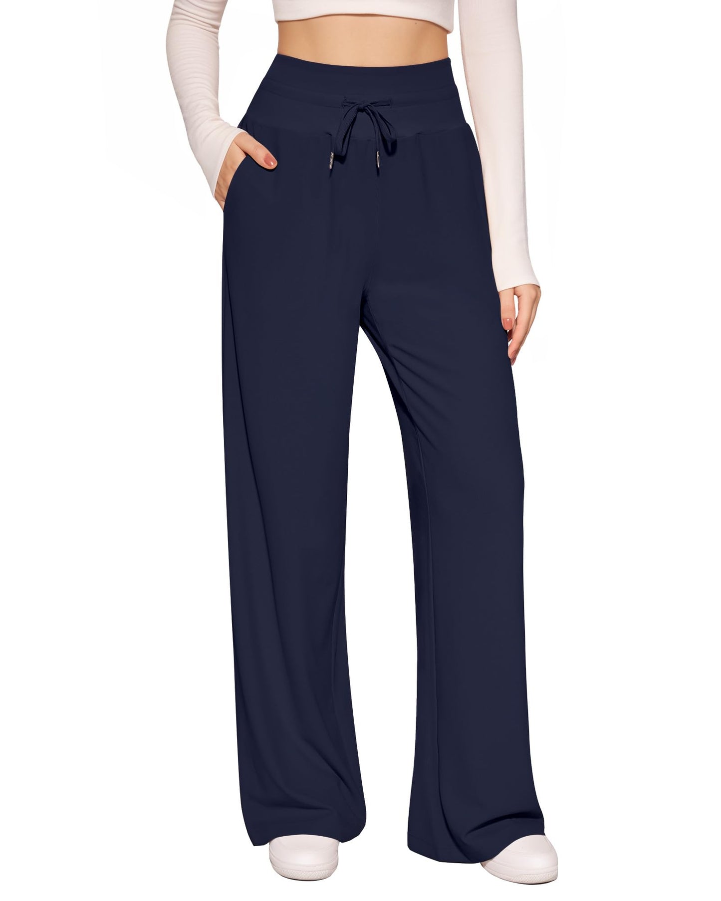 CLOZOZ Wide Leg Casual Pants for Women Trouser Pants Elastic Palazzo Pants with Adjustable Drawstring