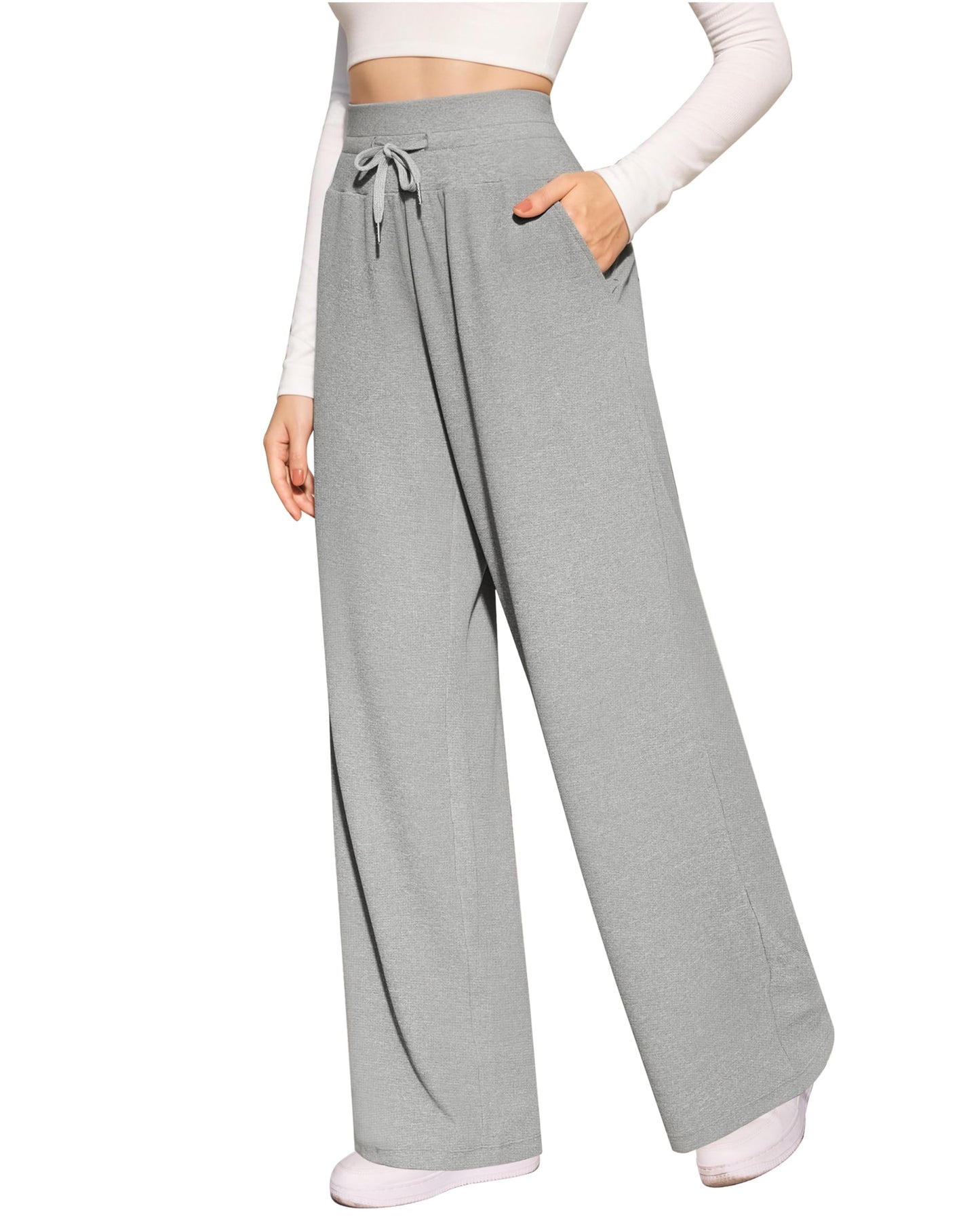 CLOZOZ Wide Leg Casual Pants for Women Trouser Pants Elastic Palazzo Pants with Adjustable Drawstring